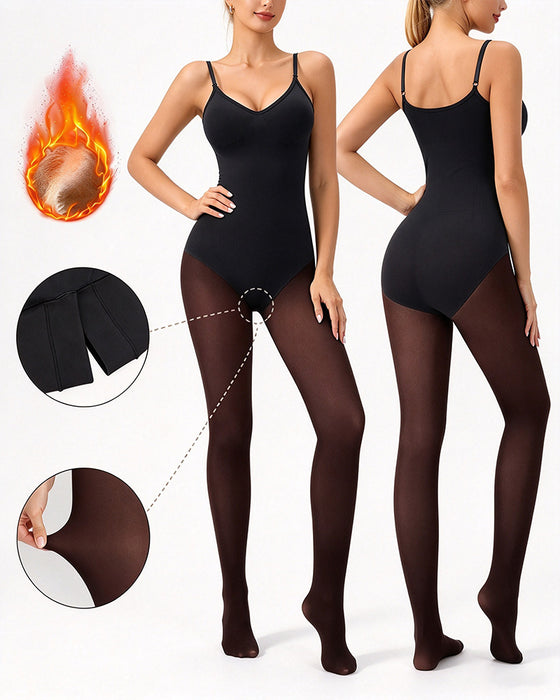 Sheer-Panel with Fleece Lined Tights Stay-Warm Tummy Control Sheer Effect Tights Bodysuit