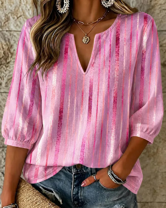 Vertical Stripe Small V-Neck Blouse