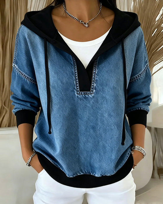 Color-Block V-Neck Drawstring Hoodie