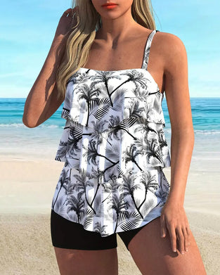 Fashionable Suspender Print Two-Piece Tankini