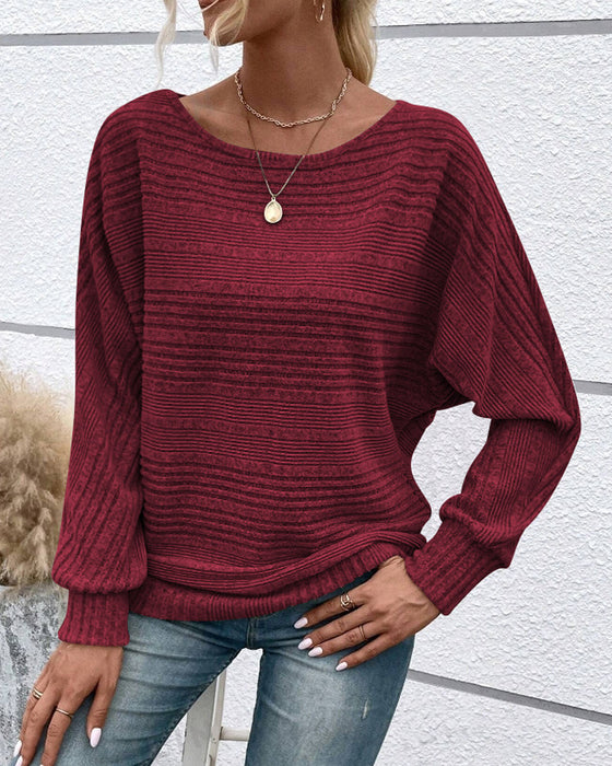 Solid Color Round Neck Long Sleeve Striped Top