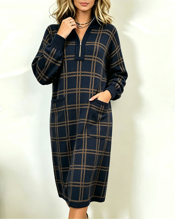 Zipped Plaid Pocket Dress