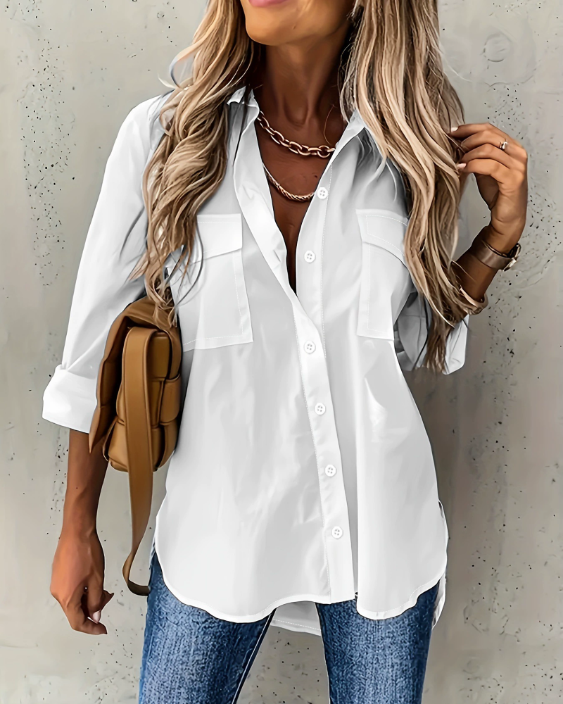 Pocket Long Sleeve Lapel Loose Fit Shirt
