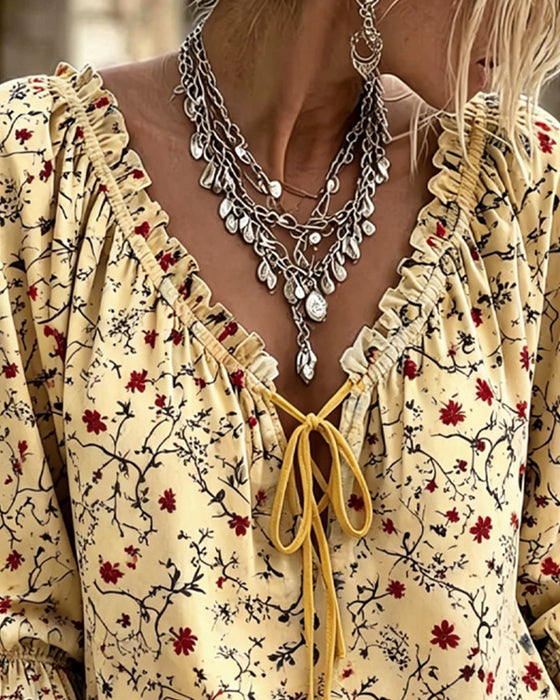 Small Red Flower Floral Tie Blouse