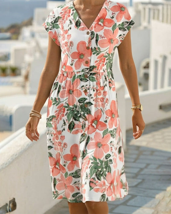 Floral Print V-Neck Short-Sleeve Dress
