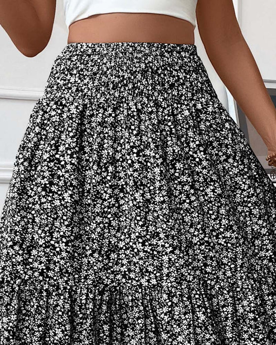 Layered Tiny Flower Print A-Line Long Skirt