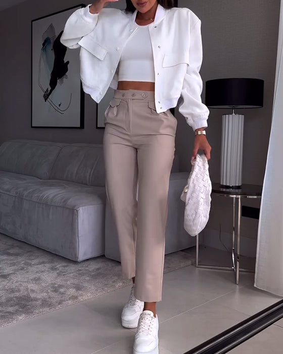Solid color pocket casual suit pants