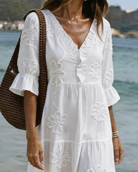 V-Neck Ruffle 3D Floral Drawstring Dress