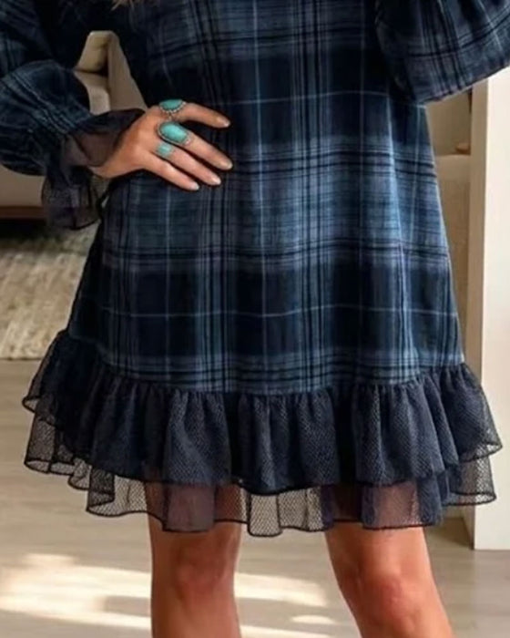 Plaid Half-Turtleneck Ruffle Dress