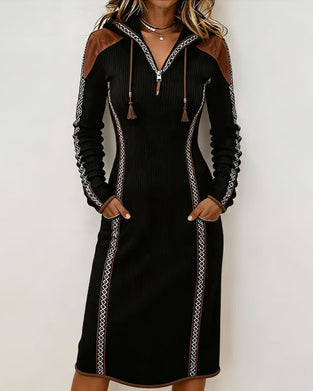 Hooded Patchwork Ribbed Lace-Up Dress