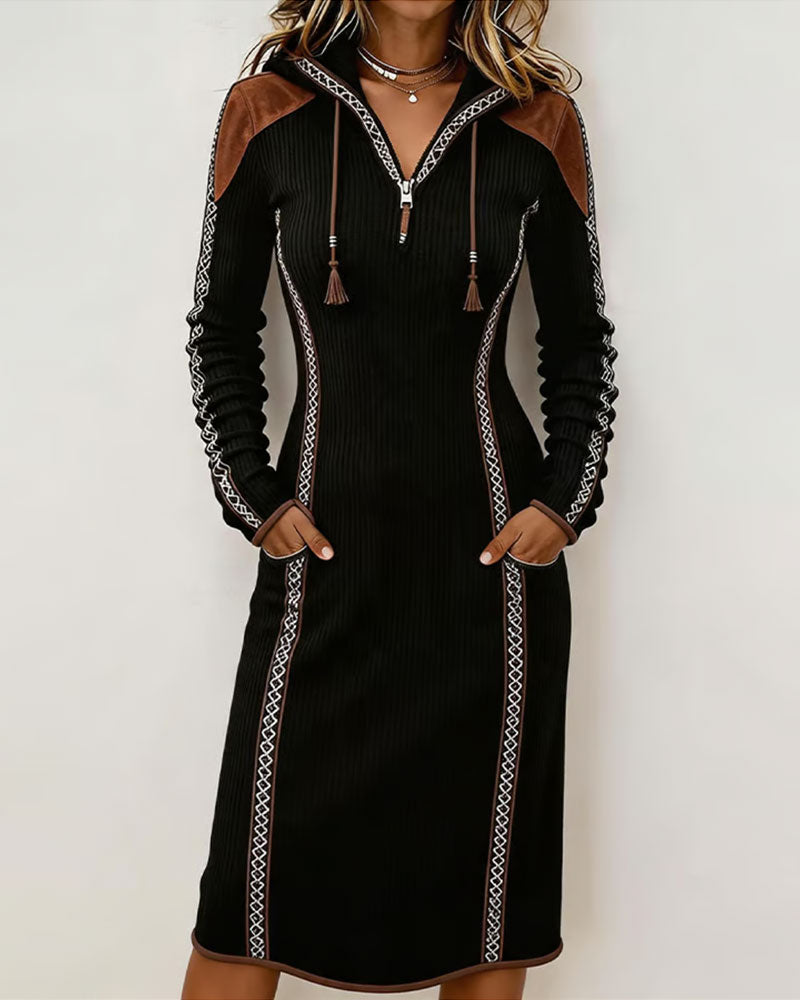 Hooded Patchwork Ribbed Lace-Up Dress