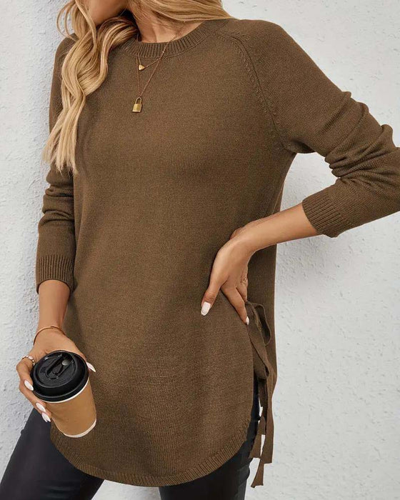Round Neck Slit Solid Color Jumper