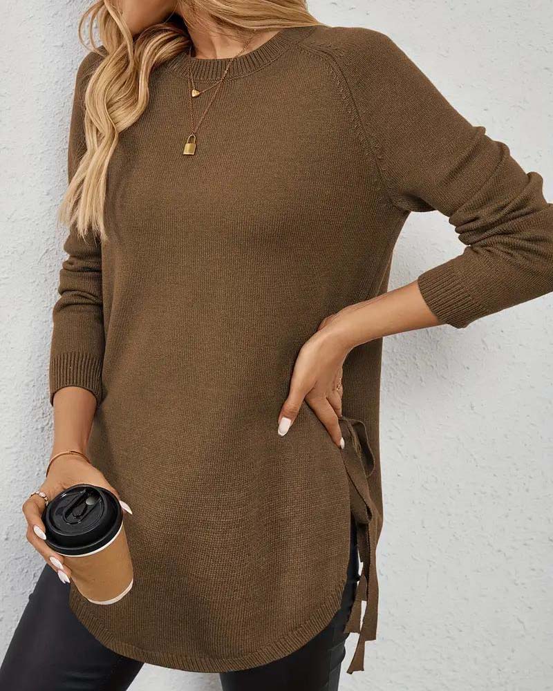 Round Neck Slit Solid Color Jumper