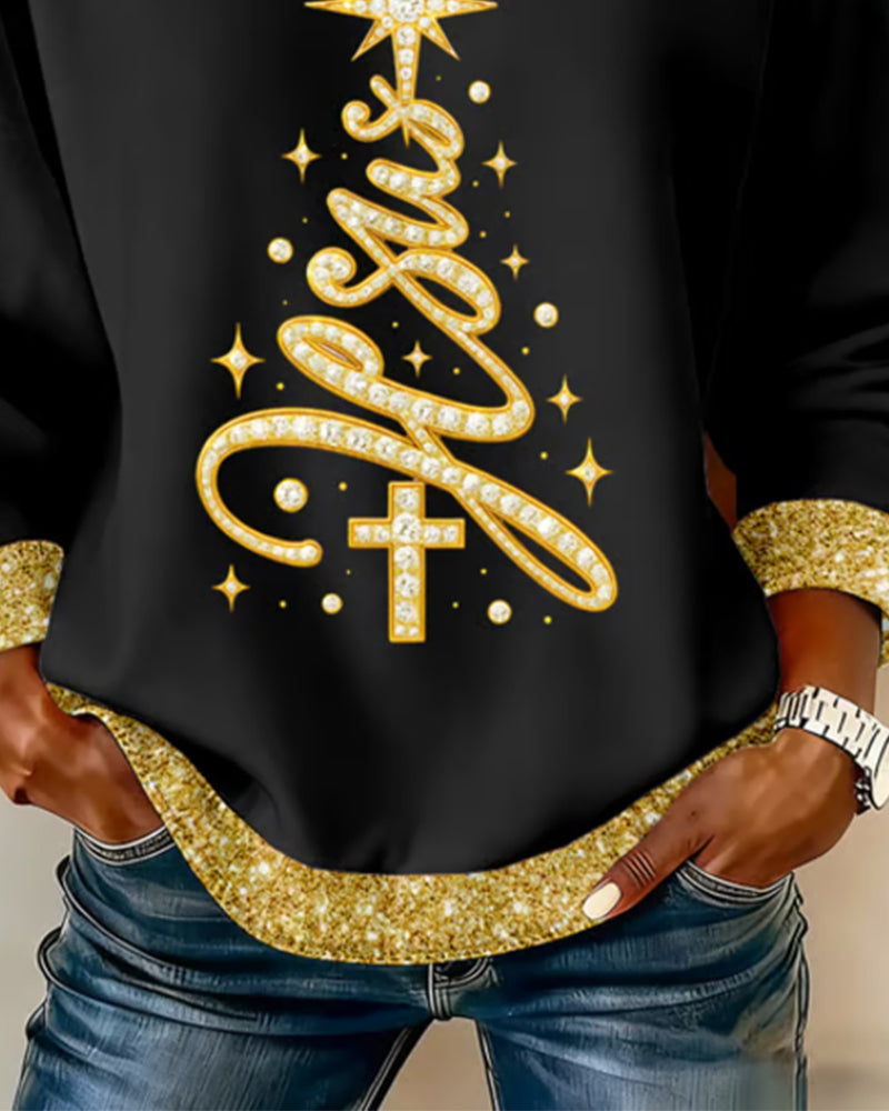 Printed Christmas Tree Crew Neck Sweatshirt