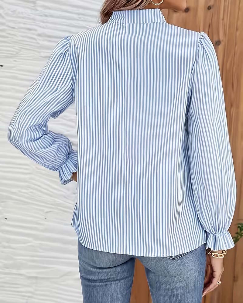 Button-Down V-Neck Striped Blouse