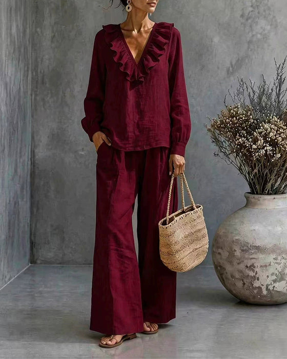 Ruffled V-Neck Long Sleeve Set