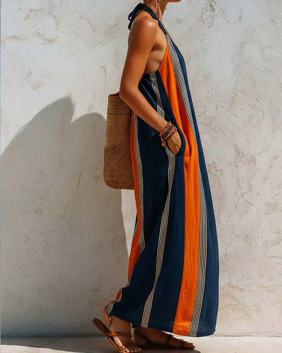 Color Block Vertical Stripe Halter Dress