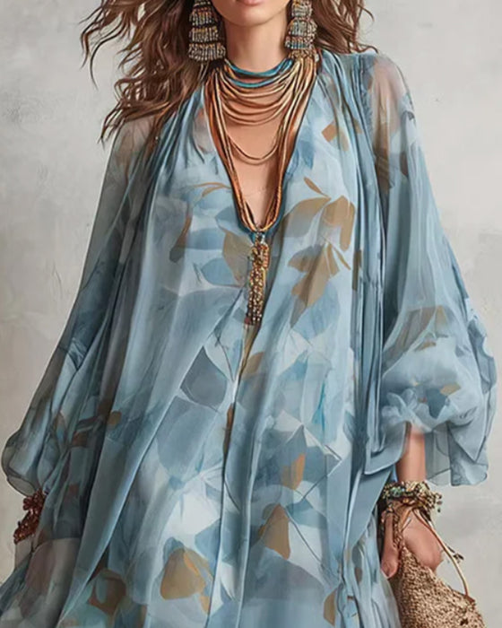 V-Neck Lantern-Sleeve Flowy Dress