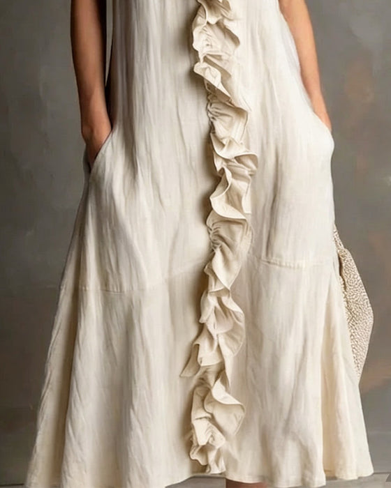 Ruffle V-Neck Pocket Sleeveless Dress