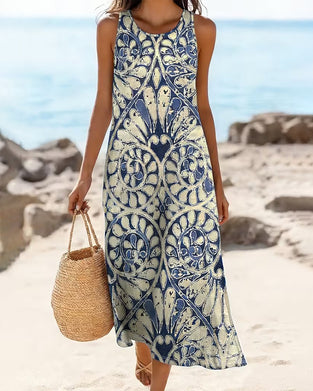 Vintage Crewneck Print Sleeveless Dresses