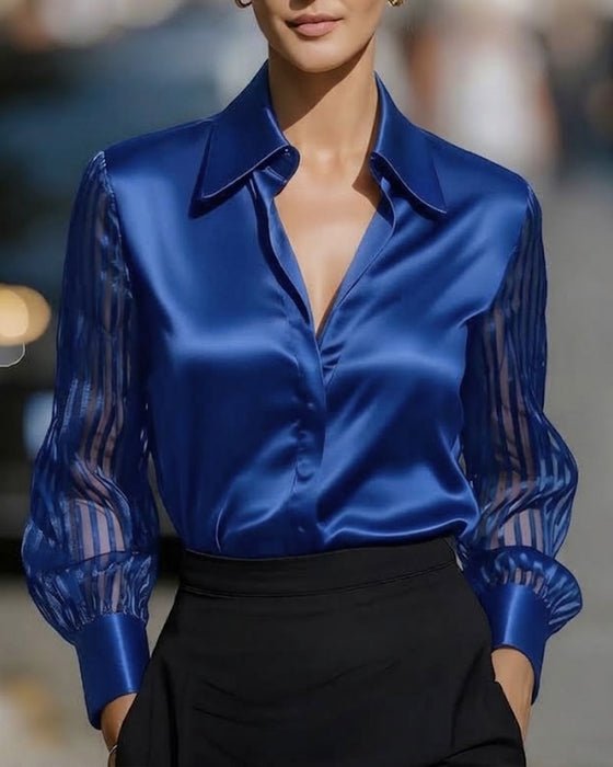Solid Color Lapel Patchwork Long Sleeve Shirt
