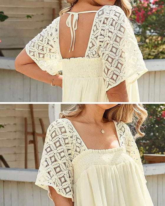 Square Neck Lace Patchwork Solid Dress