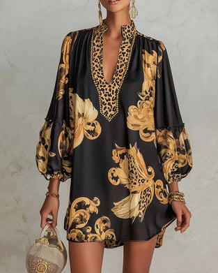 Leopard Lantern Sleeve Stand Collar Print Dress