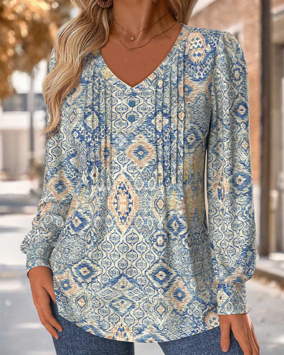 V-Neck Shirred Casual Blouse