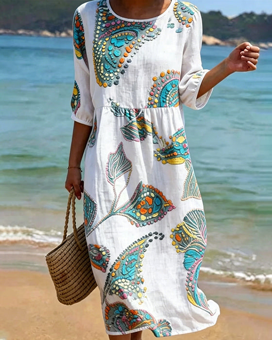 Print Round Neck Shirred Casual Dress