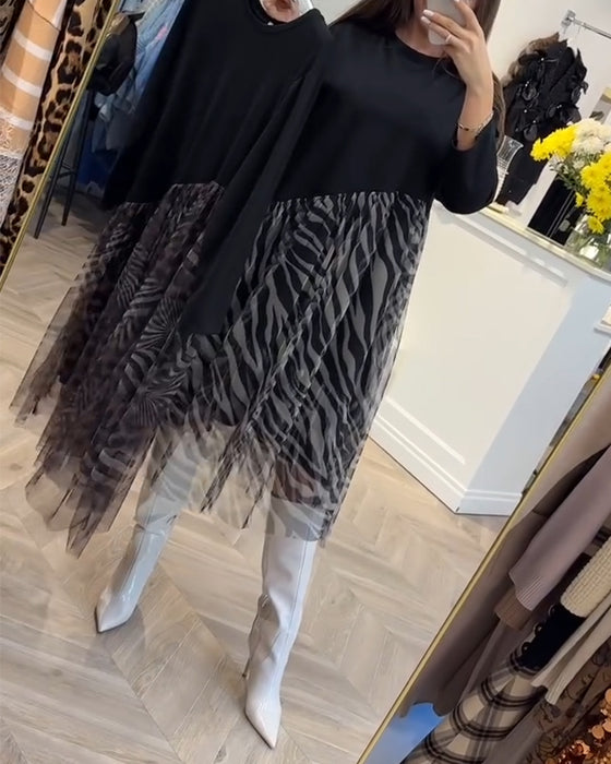 Round Neck Patchwork Mesh Print Dress