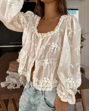 U-Neck Loose Embroidered Long-Sleeved Blouse