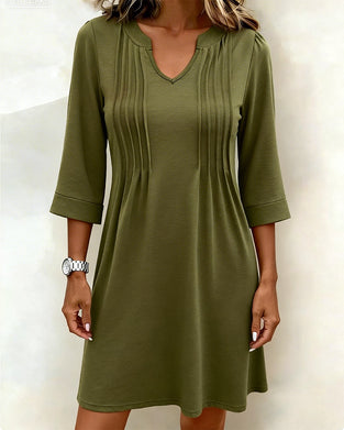 Half-Sleeve Pleated A-Hem V-Neck Dress