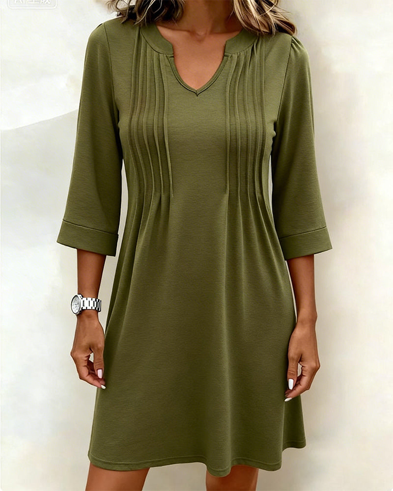 Half-Sleeve Pleated A-Hem V-Neck Dress