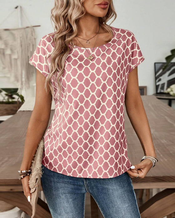 Round Neck Diamond Print Short-Sleeved Blouse