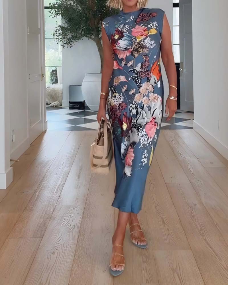 High Neck Sleeveless Floral Fitted Dress
