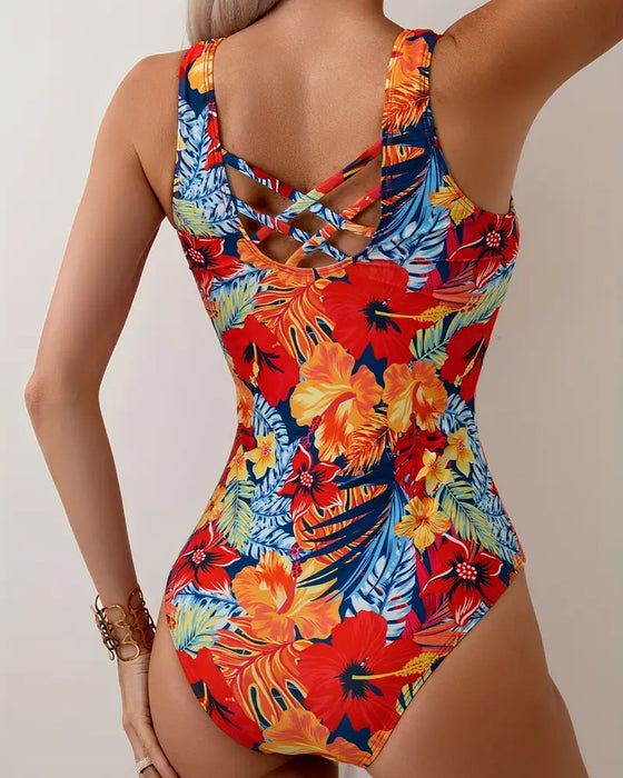 Round Neck Wide Strap Floral One-Piece Swimsuit