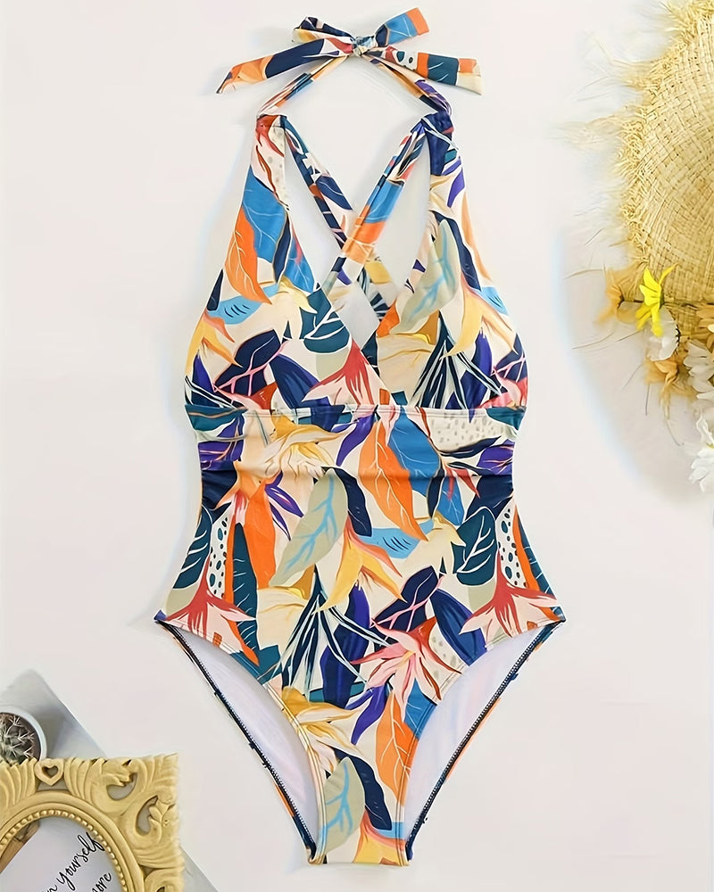 Tropical Plant Halter Neck One-Piece