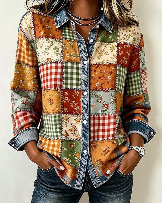 Lapel Plaid Denim Patchwork Top