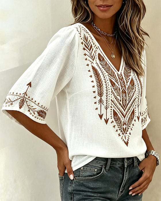 V-Neck Ethnic-Print Loose Blouse