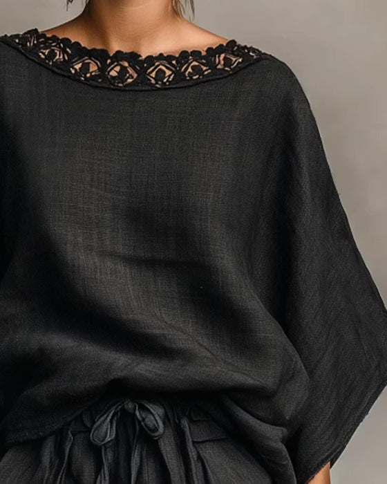 Crew Neck Lace Patchwork Casual Set