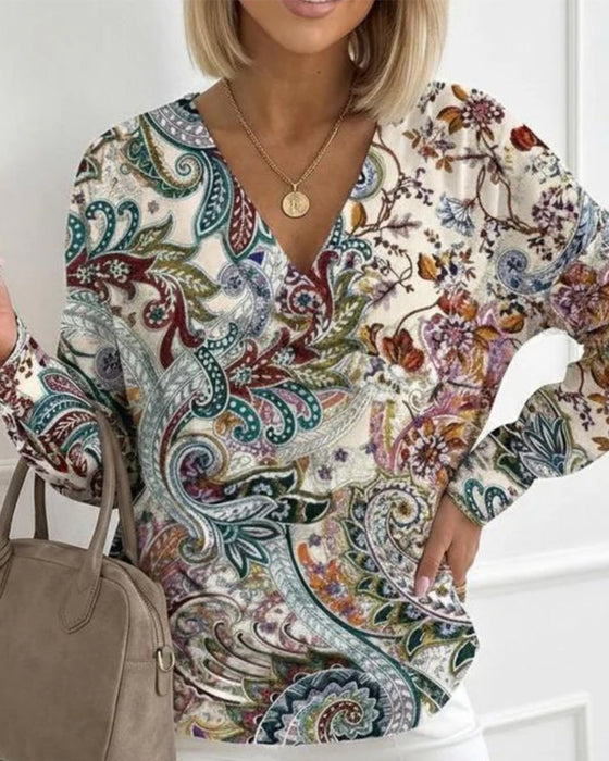 V-Neck Three-Quarter Sleeve Floral T-Shirt