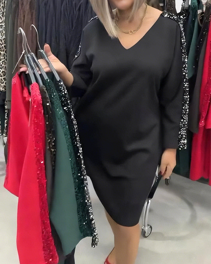 V-Neck Sequined Sweatshirt Dress
