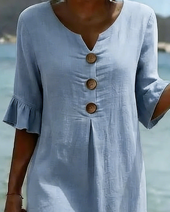 Button Ruffle Sleeve 100% Cotton Dress