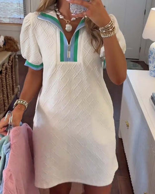 Jacquard Diamond Puff Sleeve Colorblock Dress