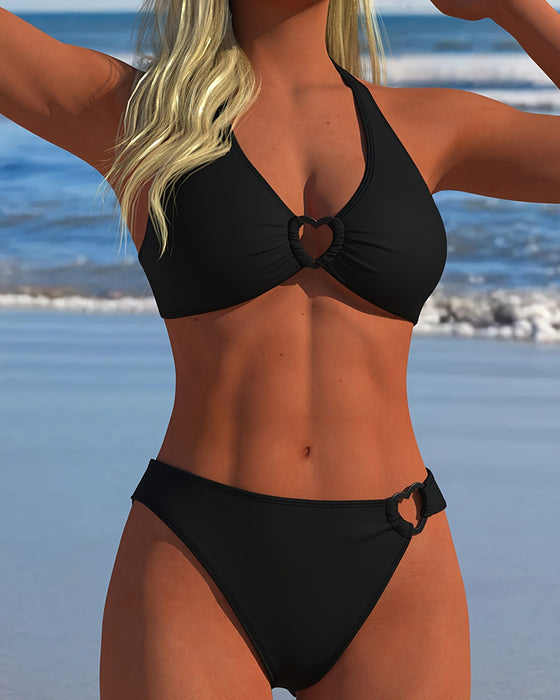 Halter Heart Buckle Solid Color Bikini