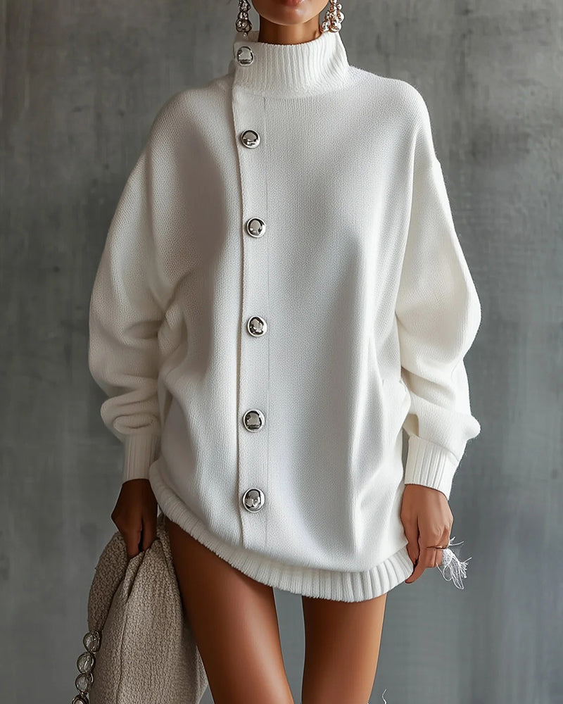Button Solid Long Sleeve Sweater Dress