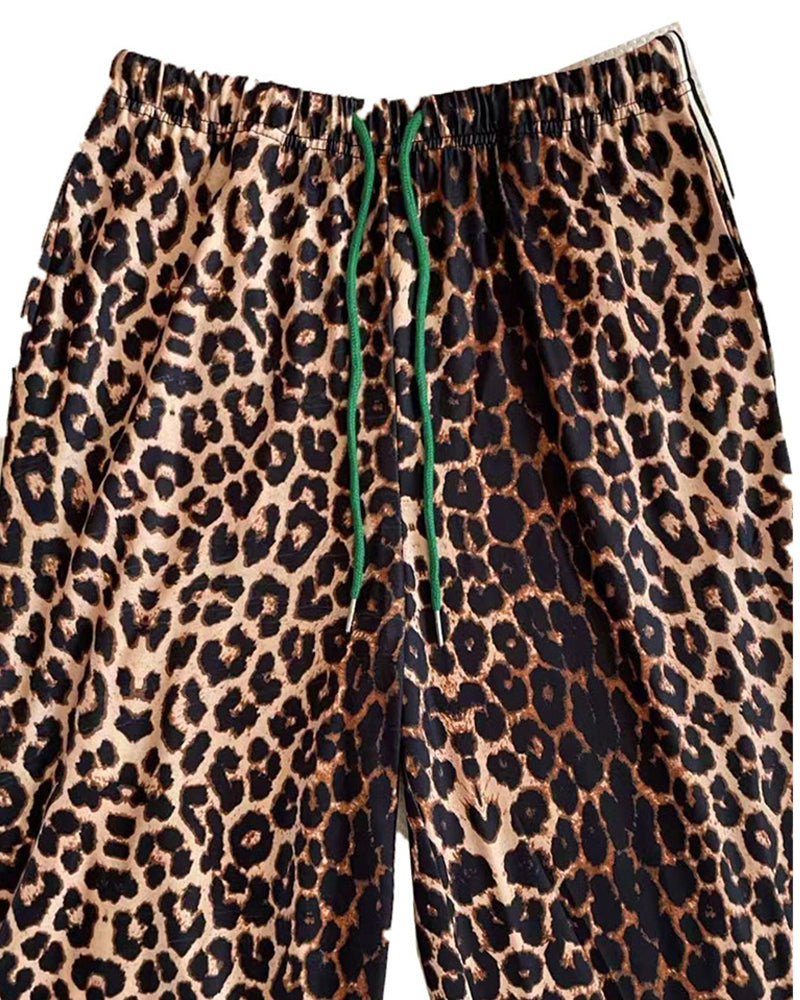 Color-Block Leopard Print Drawstring Straight-Leg Pants