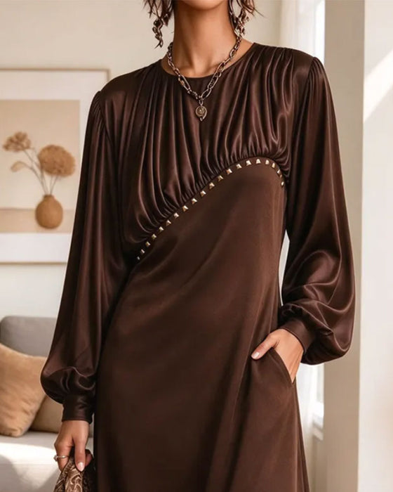 Round Neck Pleated Puff Sleeve Pocket Dress