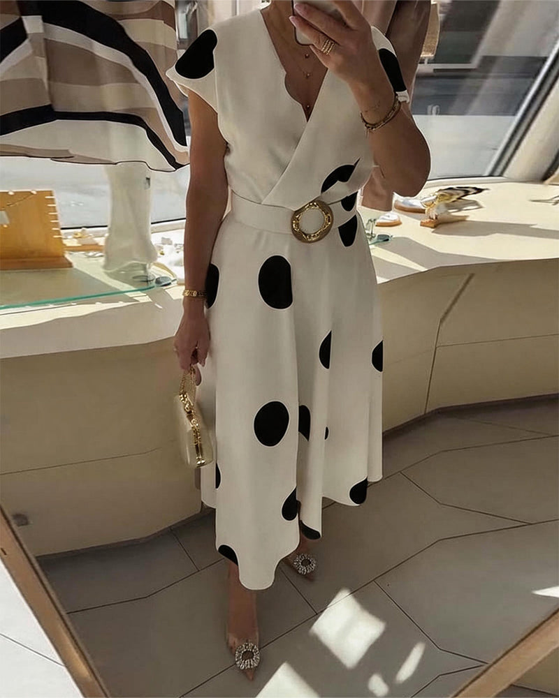 Polka Dot V-Neck Waist-Cinching Dress