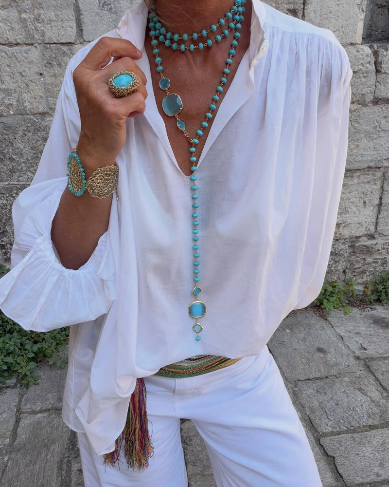 Pleated Puff Sleeve V-Neck Loose Blouses
